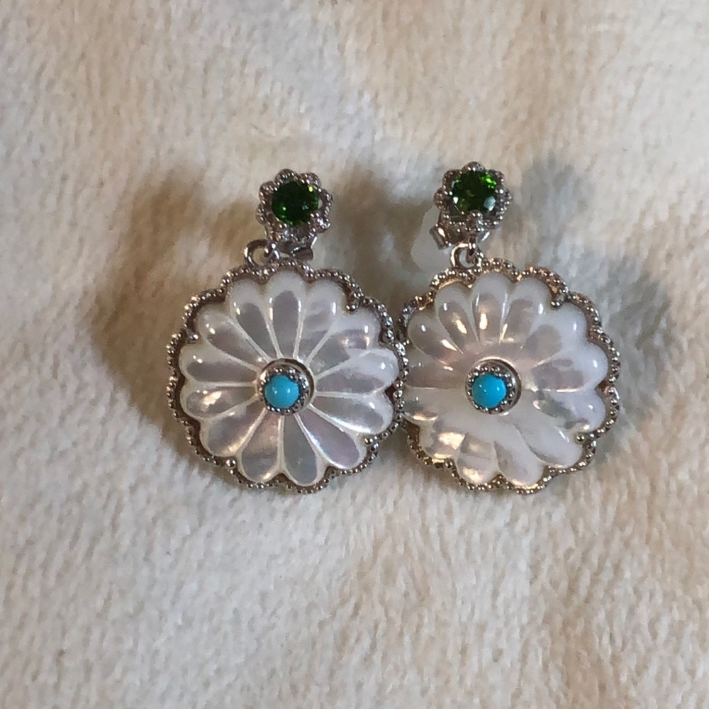 Stunning Mother of Pearl, Sleeping Beauty Turquoise, Chrome Diopside Earrings